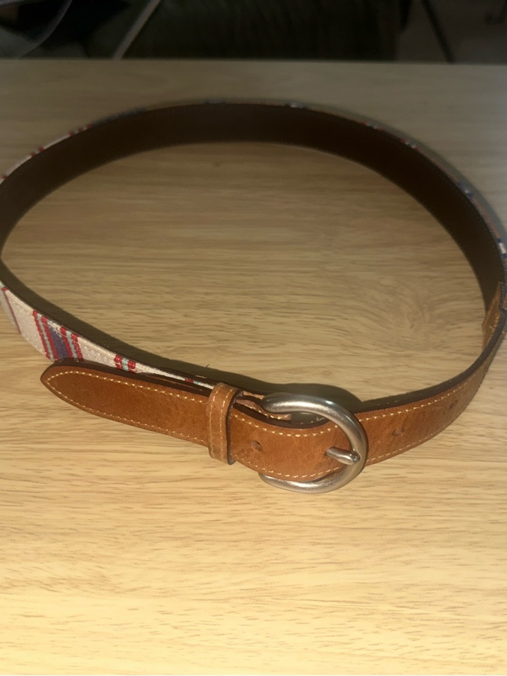 Tan Leather and Cotton Belt with Red & Cream Striped Fabric Inlay